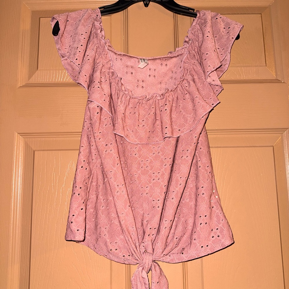 Per Seption Concept Pink Eyelet Tie Front Top Womens Size M Ruffle Sleeve